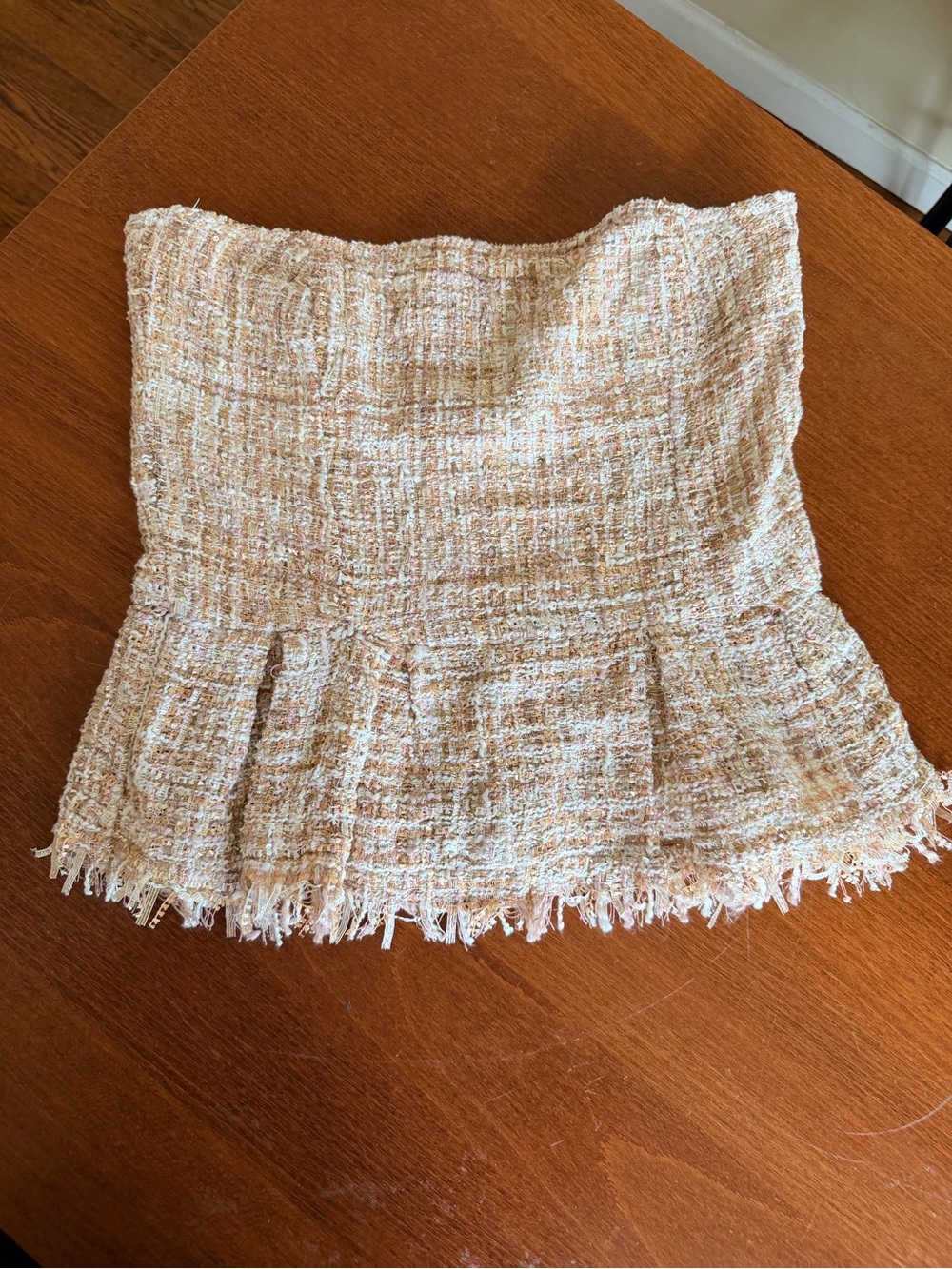 On Twelfth Tweed Strapless Bustier Corset Peplum Top Cream Blush L